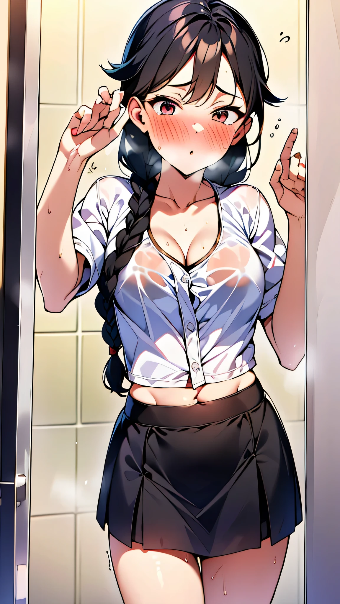 (best quality, High resolution, masterpiece: 1.3), A tall and beautiful 14-year-old Taiwanese female junior high school freshman, Slender abs, Dark brown hair,Loose waves, big??: 2, Wearing a pendant, white buttoned shirt, sash, Black skirt, (Private modern mansion background), Beautifully rendered details on faces and skin textures, delicate eyes, double eyelids,((((((No eye bags)))))),rich,big,Thousand Gold,((((((real picture))))))((((((4K ultra high definition image quality)))))),cleavage、Breast protrusion