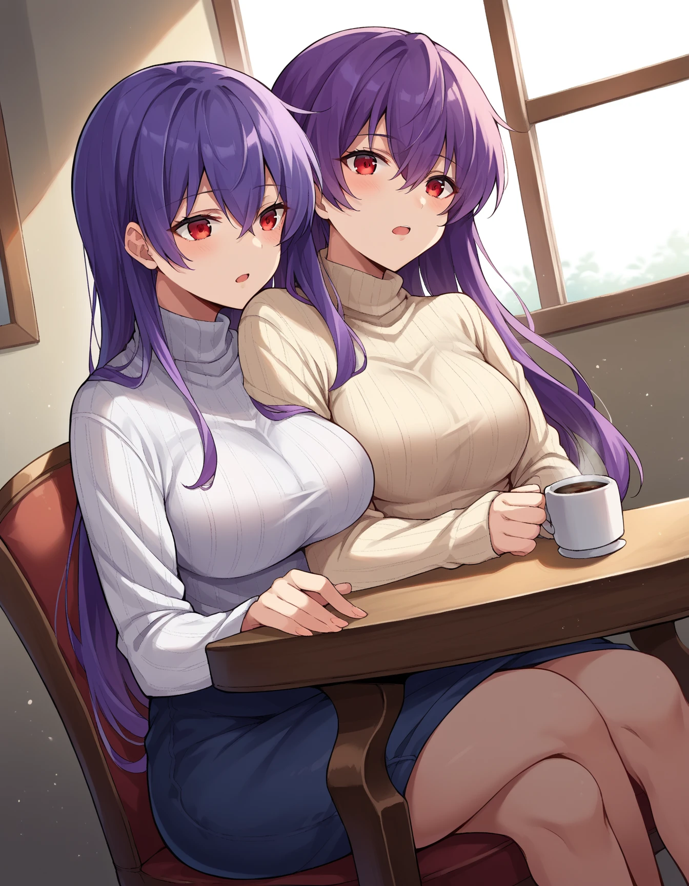 In a purple hoodie、Wearing a black short skirt、Wearing black socks、wearing black shoes。hair is black、Purple eyes。Breasts are K cup。The skin is white and、Long hair。Has one brother and one sister。My sister has an E cup。All in purple hoodies。All hair is black。My brother is wearing black pants.。