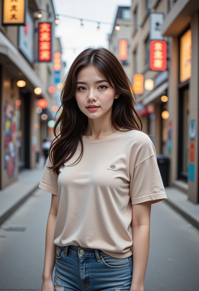 (Best quality, High resolution, Masterpiece :1.3), A pretty woman, Slender figure, Dark brown hair, T-shirt, (Street in city at night), Highly detailed face and skin texture, Detailed eyes, Double eyelid