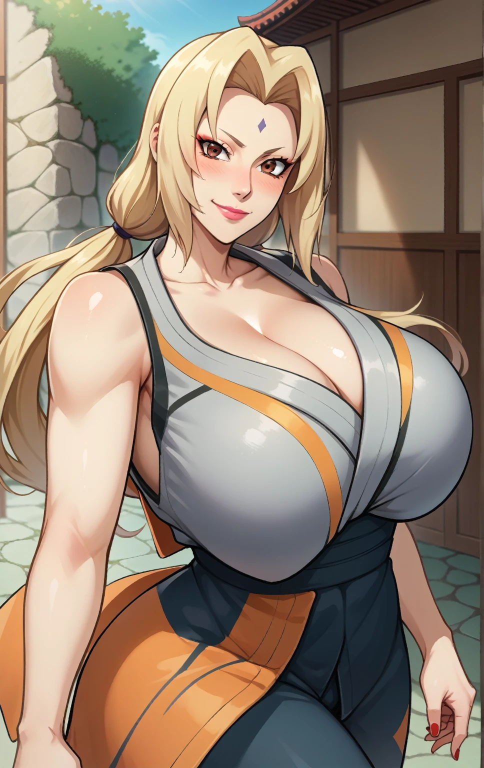 score_9, score_8_up, score_7_up, source_anime, solo, 1girl, kill la kill, kiryuin satsuki, smug, sinister smug expression, shy, looking at viewer, arms behind back, blonde hair, hair over one eye, blue eyes, yellow shirt, short sleeves, latex suit, humongous breasts, large breasts, massive breasts, boob window, bare breasts, naked breasts, Chinese dress, wearing Chinese dress, integra