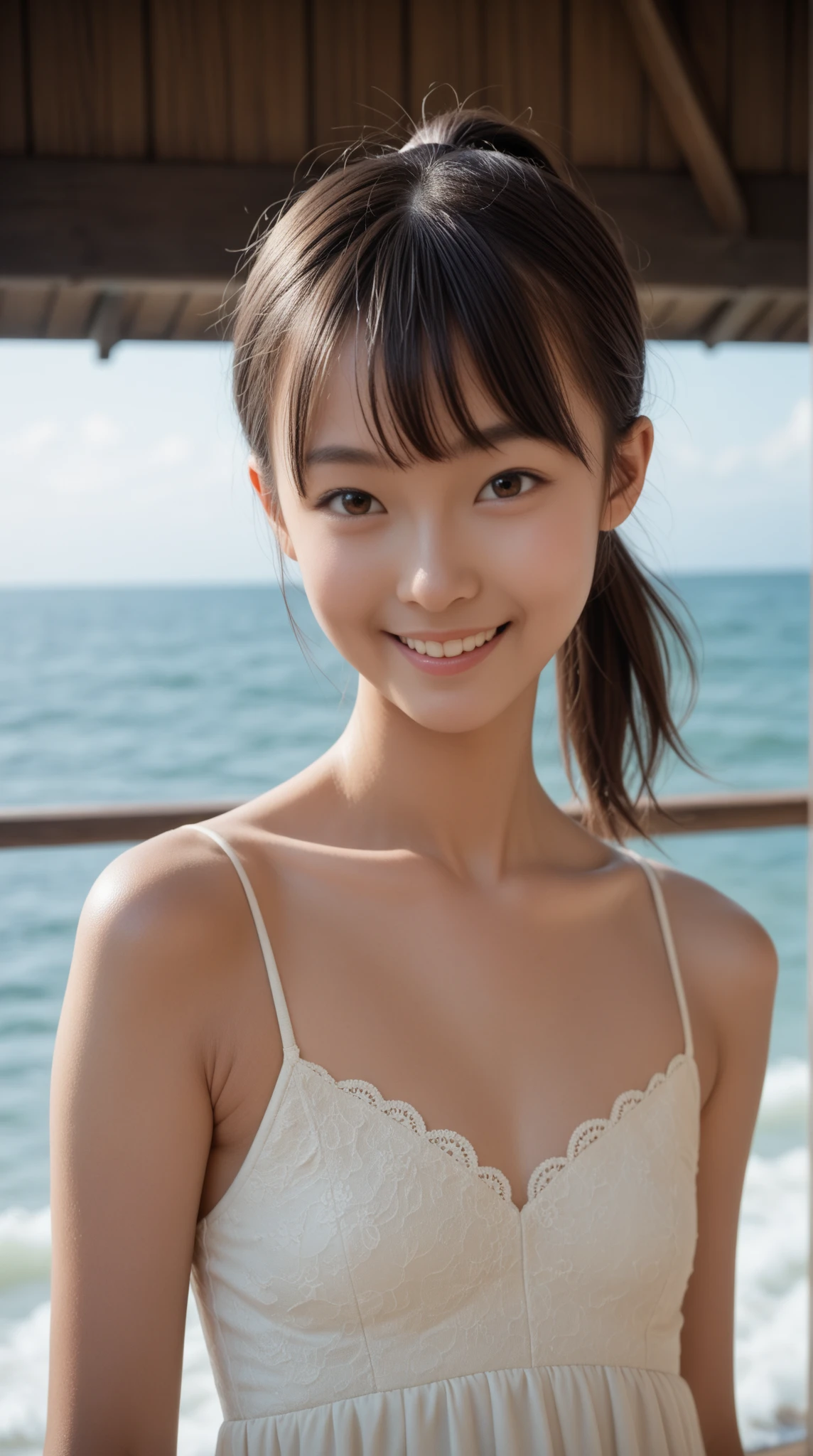 (8k), (masterpiece), (High resolution), (Realistic:1.4), Japanese, Women, Childish:1.3, from the front, (Smile mischievously:1.5), happy, ((cute:1.5)), Innocent, innocent, kind, ((Double Eyes)), (Dark Eyes), Beautiful eye and skin details:1.5, (Realistic skin texture:1.5), (((High nose:1.5))), White camisole dress, ((White and sheer clothes:1.2)), (((Her white clothes are transparent and her skin is visible))), (Her nipples are visible through her white clothes), (Pink nipples), Décolletage, Black Hair, Pigtails, Hair blowing in the wind, Child body type:1.2, (Slender), summer, noon, bright, Sandy Beach, Flower crown, flat chest:1.5