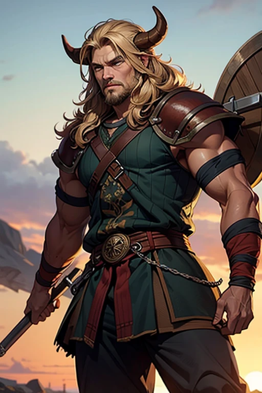 (((Solo character image.))) (((Generate a single character image.))) (((Dressed in medieval fantasy attire.))) (((Very sexy facial expression.))) Design a fantasy character who is an intense, serious adventurer. Attractive. Strong fantasy elements in the image. Beach body. Beach scene. Very imposing and cool armor. Has a devious smirk. Looks like a sexy male gladiator. Long hair. Bare chest. Tattoos.
Blond hair. Looks about 18. Scruffy sexy facial hair. Artwork in the style of Adam Hughes.