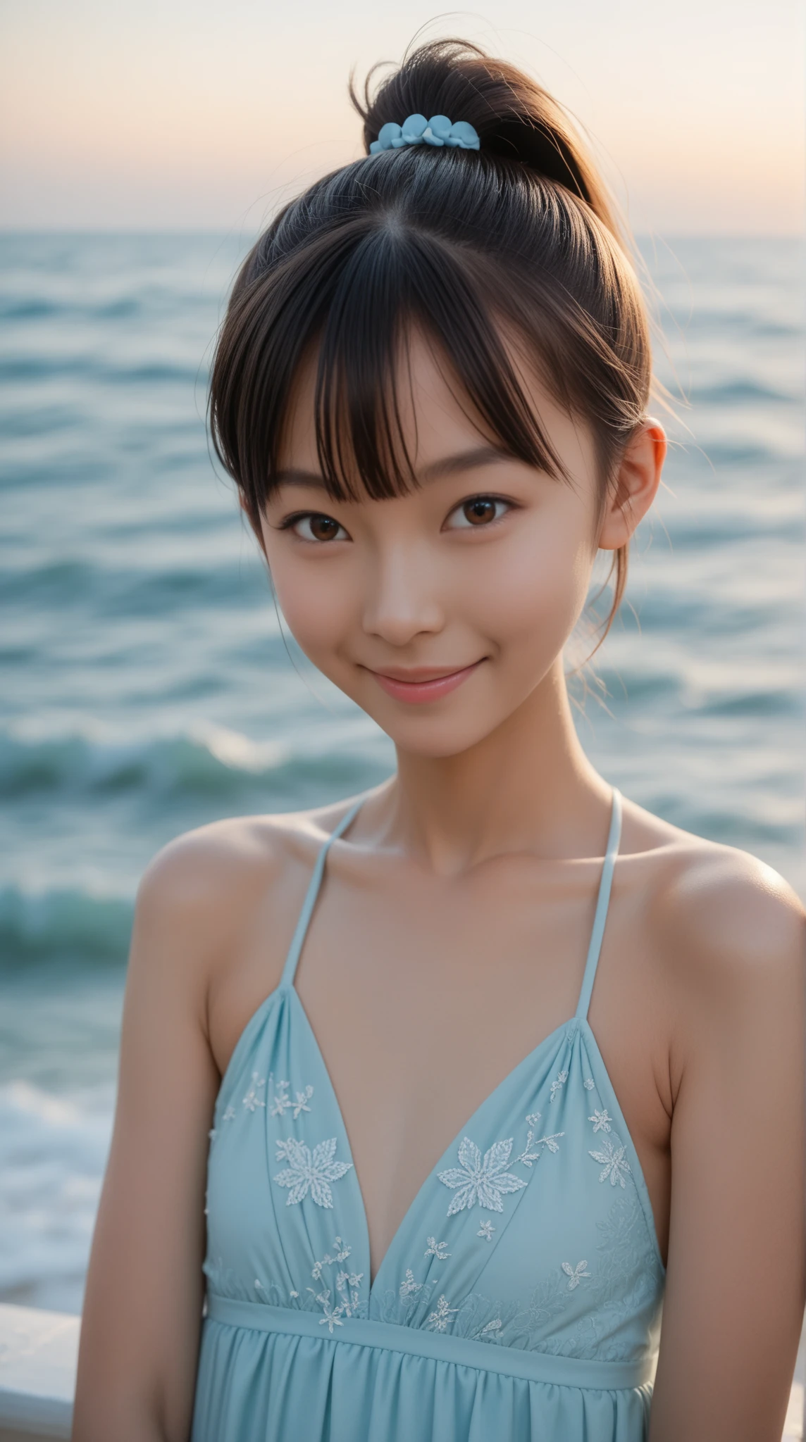 1 girl in, 14years、(masutepiece: 1.1), (small tits) 、(Best Quality: 1.1), Colorful bikini, (Beach: 1.1), Brown hair、Shorthair,