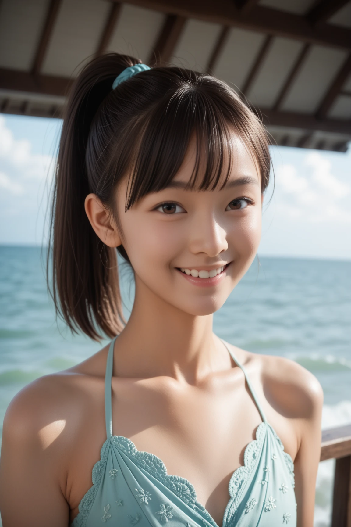 Best quality, masterpiece, ultra high res, (photorealistic:1.4),highly detailed,professional lighting smile.Playing Volleyball ,in the beach,wear small bikini.sweat body running.(Seen nipple head and camel toes)