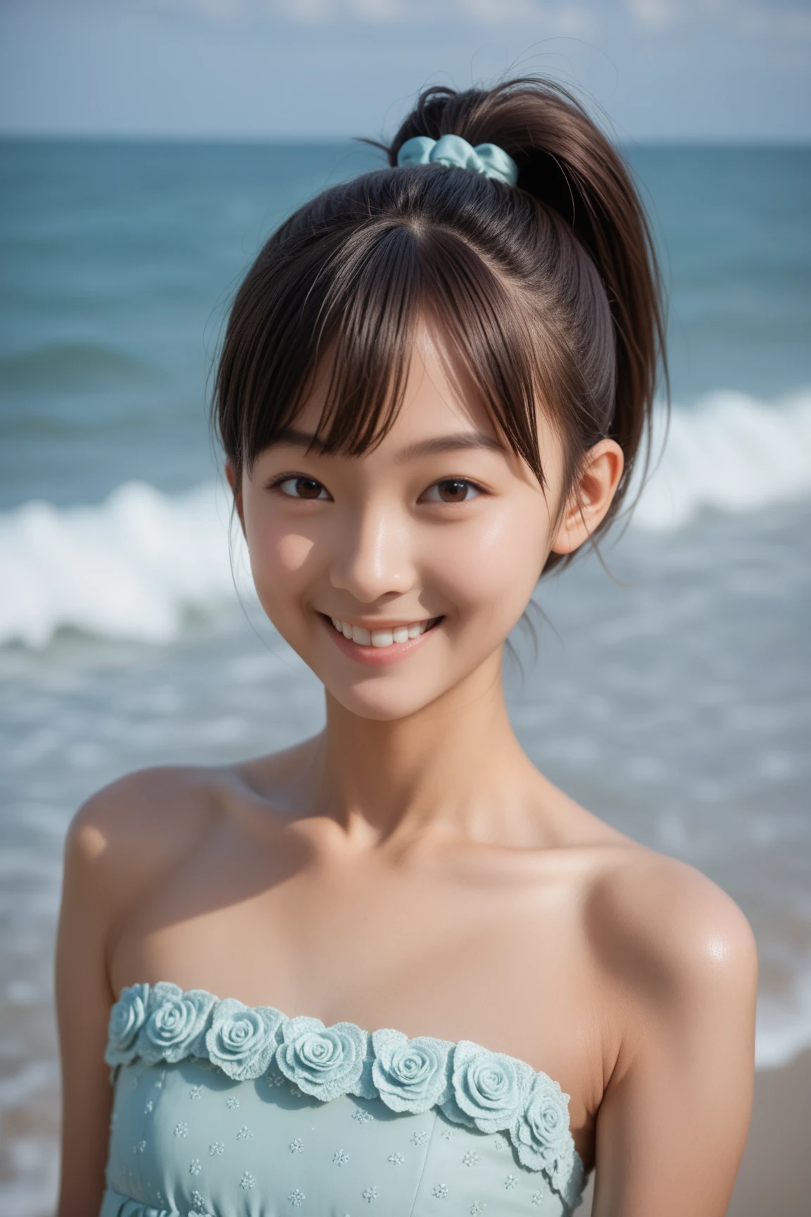 1 pretty girl,white skinned,brown hair,looking at viewer, beautiful small chest, France, pony tail, happy smile, tourist, Film star, beach