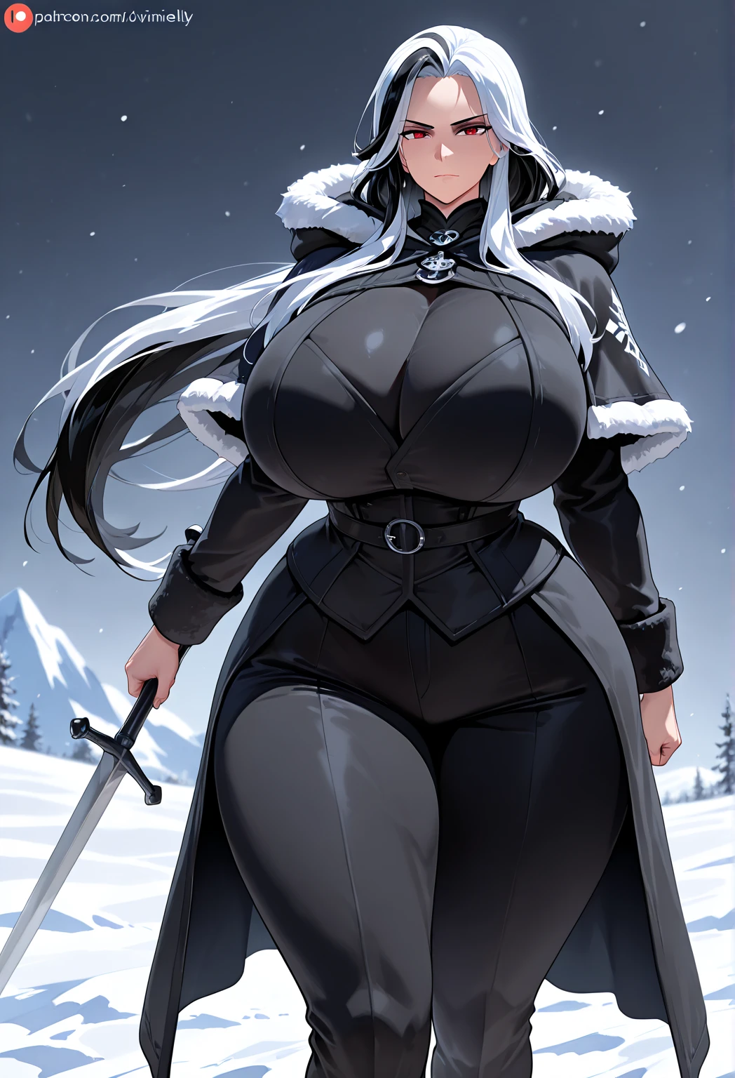 milf, 30 years old, (highres, masterpiece:1.2), white hair, robe, grey robe, huge breasts, thick thighs, standing, pelvic curtain, thighhighs, v-neck, strapless dress, blue eyes, expressionless, long hair, (layered dress, elaborate clothing, detailed clothing, detailed dress), ponytail, snow, forest in background, blue dress, cape, sword, holding sword, holding weapon