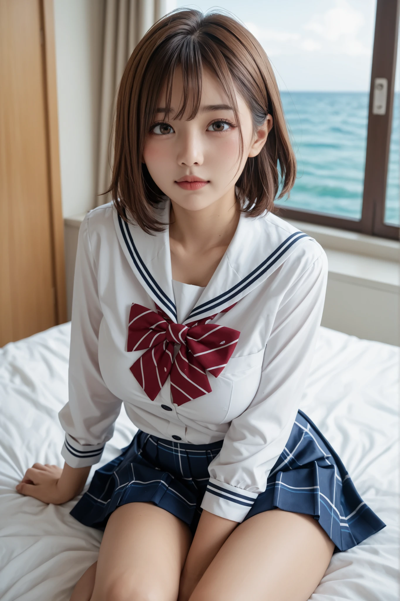 (masutepiece, Best Quality:1.2), 8K, Official art, Raw photo, unbelievable Ridiculous, (Upper body, (Sailor Uniform), serafuku, Sitting:1.4), Beautiful Girl, Idol face, arching back down, Pleated skirt, large full breasts:1.8, thighs thighs thighs thighs, Stockings、 close up, (School uniform, cleavage), Short sleeve, gardenia, violaceaess, classroom school, Looking at Viewer, No makeup, Film grain, chromatic abberation, Sharp Focus, face lights, Dynamic lighting, Cinematic lighting, Detailed face, Bokeh background, (Dark red bow tie:1.3)