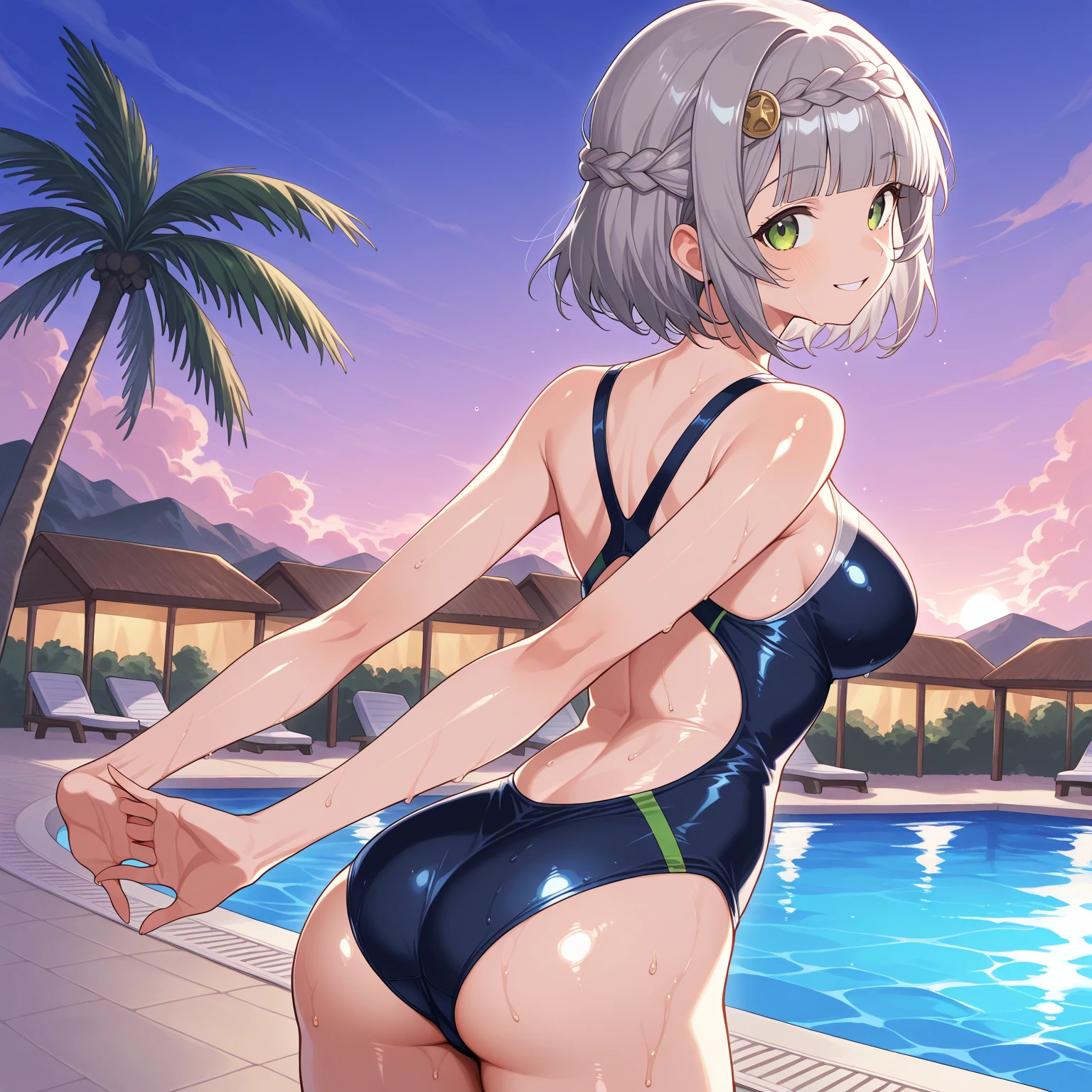 3 girls High level image quality best image quality 8K adult woman pool party rain palm trees more colors whole body view portrait bikini horn ears short hair((shortcut)(gray hair)(perm)(fluffy)) eye color is blue , , attractive evil face , smile , sexy pose , labrynth , barearm , , standing view from behind by the pool , crossed legs , all wet , wet hair