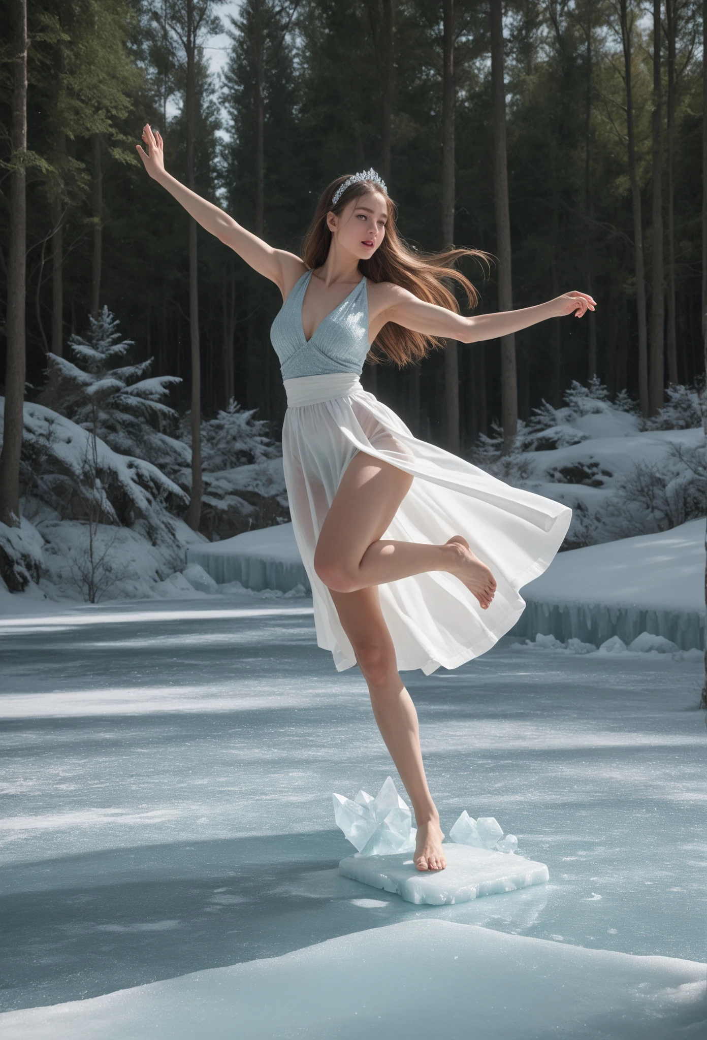 Splitting characters is prohibited，(Full body shot:2), Must show your face, (anatomy correct:2), (Dance on top of a mountain:2)，The breath of nature，(Polished pointed toe heels:1.4),Patterned over-the-knee socks are mandatory， Keep your feet off the ground，（In pink|amarelo|blue colors|green color|red colour|white colors|black in color|purpleish color|greys|Beige|Flesh-colored），Qing dynasty printed clothing，(Accurate and perfect facial features:1.4)， (gloss on the skin:1.8), (Skin reflects light:1.6)，(gloss on the skin:1.8)，(gloss on the skin:1.8)，A shallow laugh, Complex and diverse backgrounds，Strangling effect,hyper HD, Ray traching, reflective light，structurally correct, Award-Awarded, high detal, lightand shade contrast, Face lighting，cinmatic lighting, tmasterpiece, super detailing, high high quality, high detal, best qualityer, 16k
