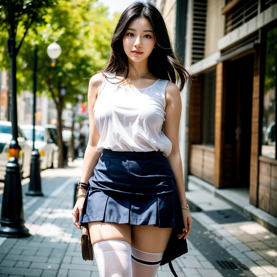 ulzzang-6500-v1.1, (Raw photo:1.2), (Photoreal), (See-through:1.3), (genuine: 1.4), Highly detailed cute girl、NSFW, High School Girl Japan Teenage Girl、((taken from below:1.3))、please wear small panties、、(skirt lift:1.4)、(bottomless)、blush、split lips、looking at the viewer、half body photo、(a large crowd gathers)、(Crowded alleys)、hair above one eye、 beautiful supermodel、pubic hair、