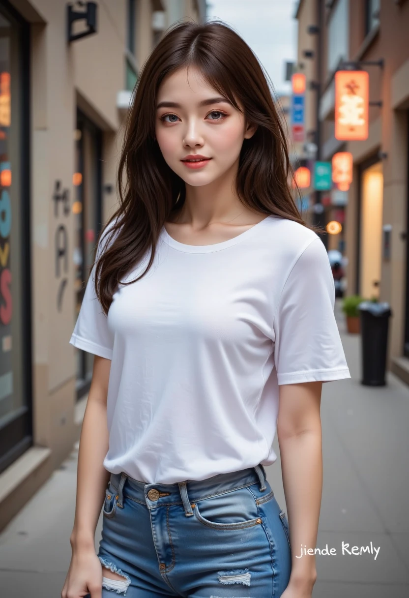 A classic white tee and distressed jeans look.、A single woman who exudes confidence and effortless style(1 Female)A masterpiece that captures the essence of(quality:1.2)。Her minimalist makeup style highlights her natural beauty..、Her messy hairstyle lends a casual charm。The scene was、Located in the vibrant surroundings of music festivals and the trendy downtown district。photograph、In its highest quality resolution、beautiful, Modern and easygoing encapsulation