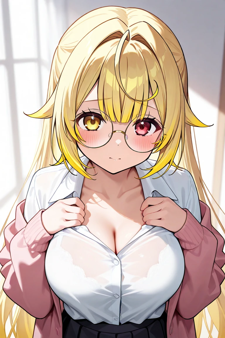 blush, Cleavage,Shining Aura, Natural light, masterpiece,  Glowing Skin, Juicy lips , ,sexy, hot, , Cleavage, evil,Juicy lips, Slut, hourglass, Blonde,  Big eyes, Green Eyes, Large scale , Dim lighting, Long Hair, peace sign, close your eyes, Pink ribbon, oversized jumper, Platform shoes, Ribbon in hair, Golden round glasses, sandy Blonde, Slut, cute