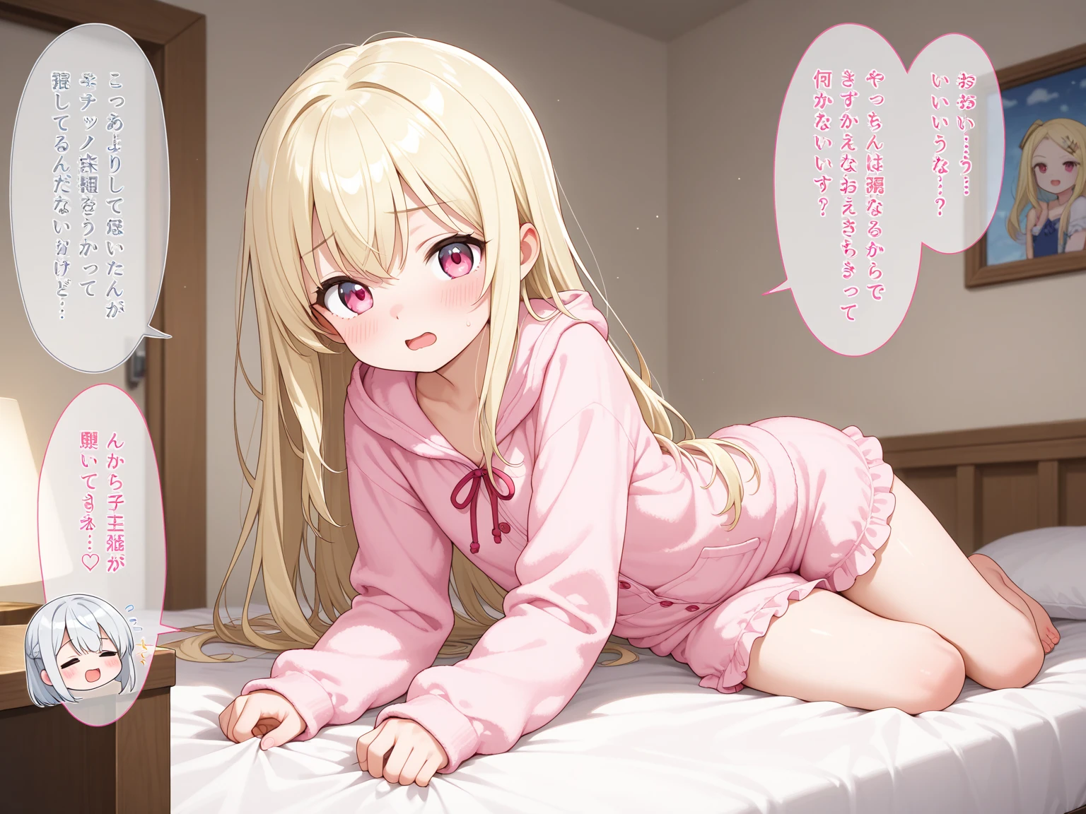 One girl,alone,Tenma Saki, body type,Yellow Hair,Red Eyes,project sekai,long hair,cute,cute,nsfw,shirt,Bed,Sitting,open vagina,