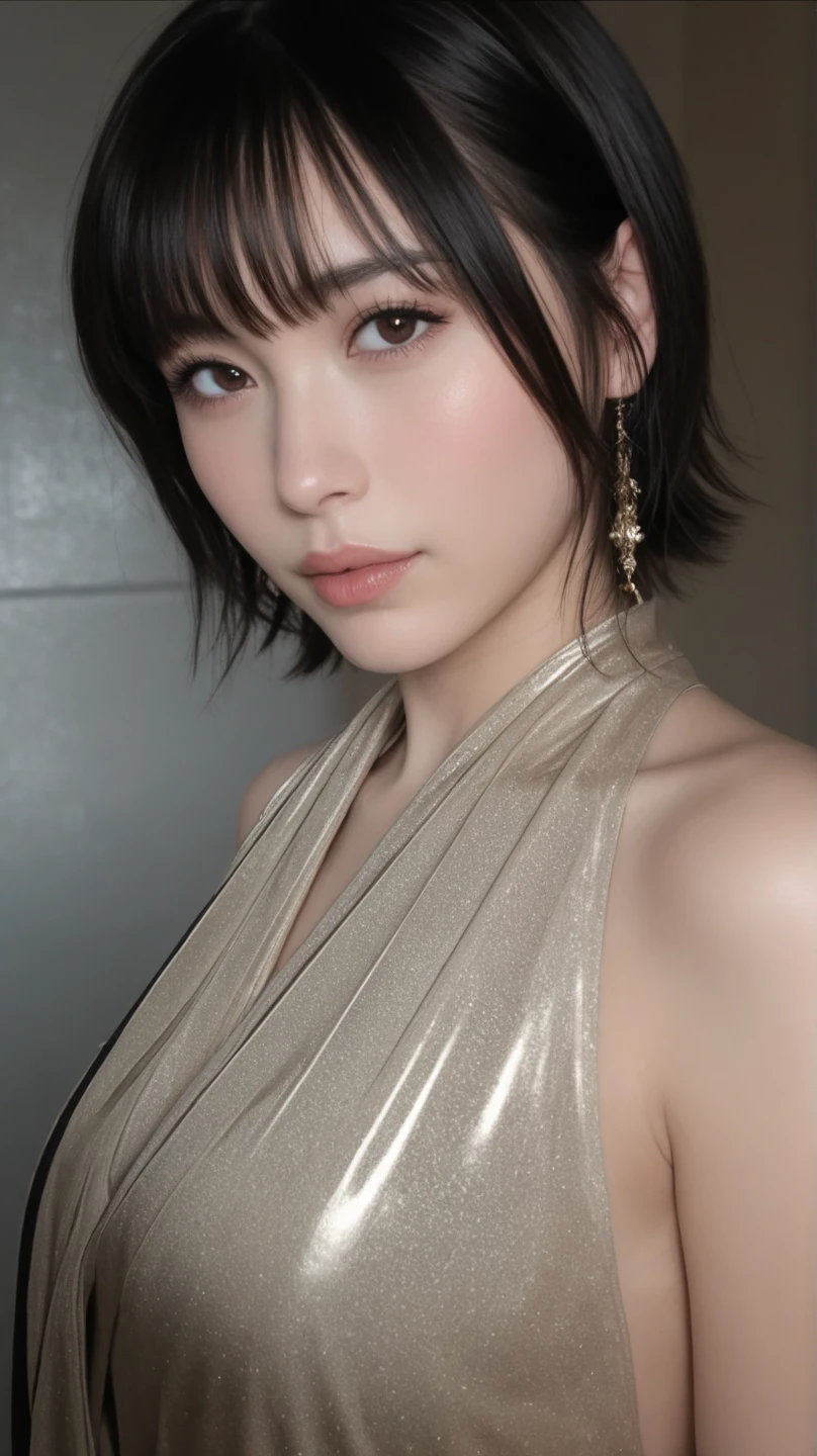 (masterpiece:1.2), Very detailed, Ultra-high resolution, (Realistic, photo Realistic:1.6), High-resolution RAW color photos, Professional photos, Sharp focus:1.2, (Very detailed顔と肌の質感, Very beautiful eyes, Glossのある肌, Glowing Skin, Glowing Skin, Shining Face, Gloss, Oily skin, greasy face, Oily skin, greasy face,), (real Glossのある肌 texture), Perfect Anatomy, Very detailed背景,(Luxury resort at night),1 female,short hair, Straight hair, bangs, Brown Hair,((Flat Chest:1.6)), (((Gorgeous, sexy and luxurious dress)))、 (((Disheveled Dress、Upper body naked:1.25))),((Wet))、Luxury earrings、Luxury Necklace、Smiling faintly