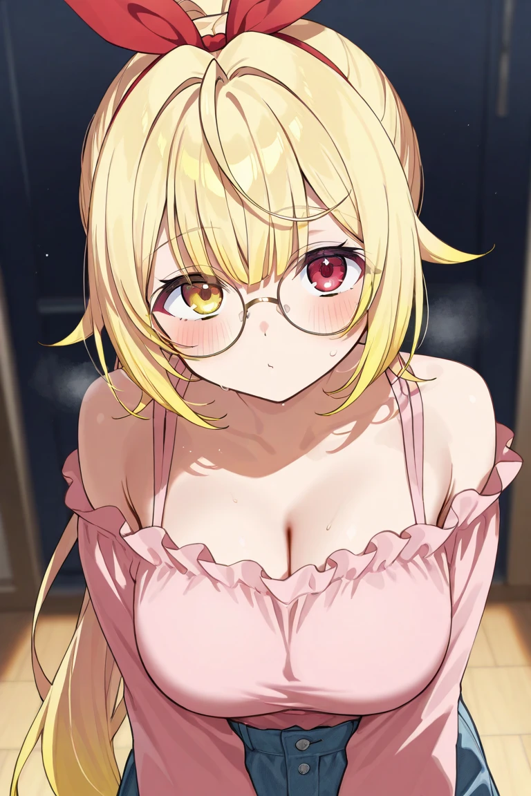 1 girl, upper body , pink bra , long hair, big cheest , anime girl, adult girl, blue eyes, yellow hair, glasses ,