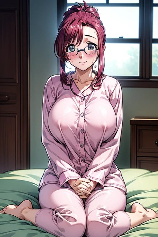 front、(8k)、(masterpiece:1.4)、( High Definition)、( 最High Definition)、( Ultra HD)、( beautiful face and eyes down to the details:1.4)、( anatomically accurate hand)、break、( big boobs:1.4)、ONE WOMAN、  redhead、medium hair、side lock、ponytail、glasses、(((sweat)))、((Blush))、(((Smile Yan)))、Bedroom、on bed、(1 girl sitting)、(((crotch)))、Bend Your Legs、(Hands Clasped behind)、break、(((pink pajamas)))、((Barefoot))