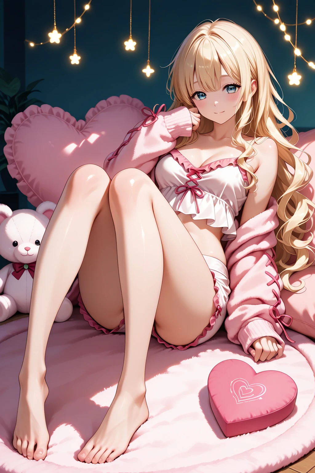 full body, 1girl, pastel purple miniskirt, a woman in white shirt, sitting on the bed, solo, realistic, long hair, indoors, crib, cute bedroom, pink theme, cute decor, looking at viewer, brown eyes, pillows and cushions, photos on the wall, beautiful face, (best quality), soft beautiful facial features, (smooth skin), smooth legs, vividly detailed subjects, raw DSLR, ultra HDR, ISO F1, high grade film quality, sharp focus, fine details, stunningly beautiful eyes, symmetrical eyes, ultra quality, depth of field, 8k photo, high definition, professional lighting, (high resolution:1.7), (masterpiece:1.2), high quality, exquisite, beautiful, (ultra detailed:1.5), perfect face, detailed face, cute girl, kawaii girl, nice hands, perfect hands
