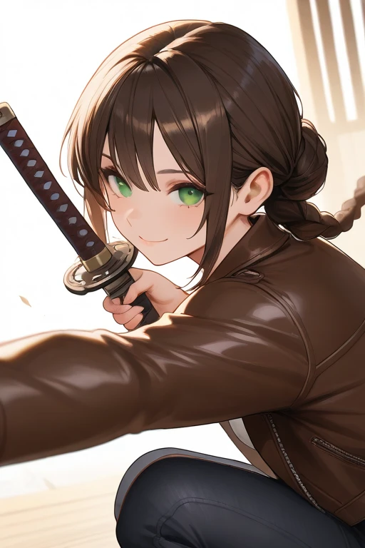 1girl, solo, village, trees, brown hair, long hair, curly hair, ponytail, large breasts, button down shirt, ninja, ((black shirt)), ((unbuttoned shirt)), ((short sleeved shirt)), blue eyes, black shorts, katana, grin, looking at the viewer, standng, hair ribbon, bandage