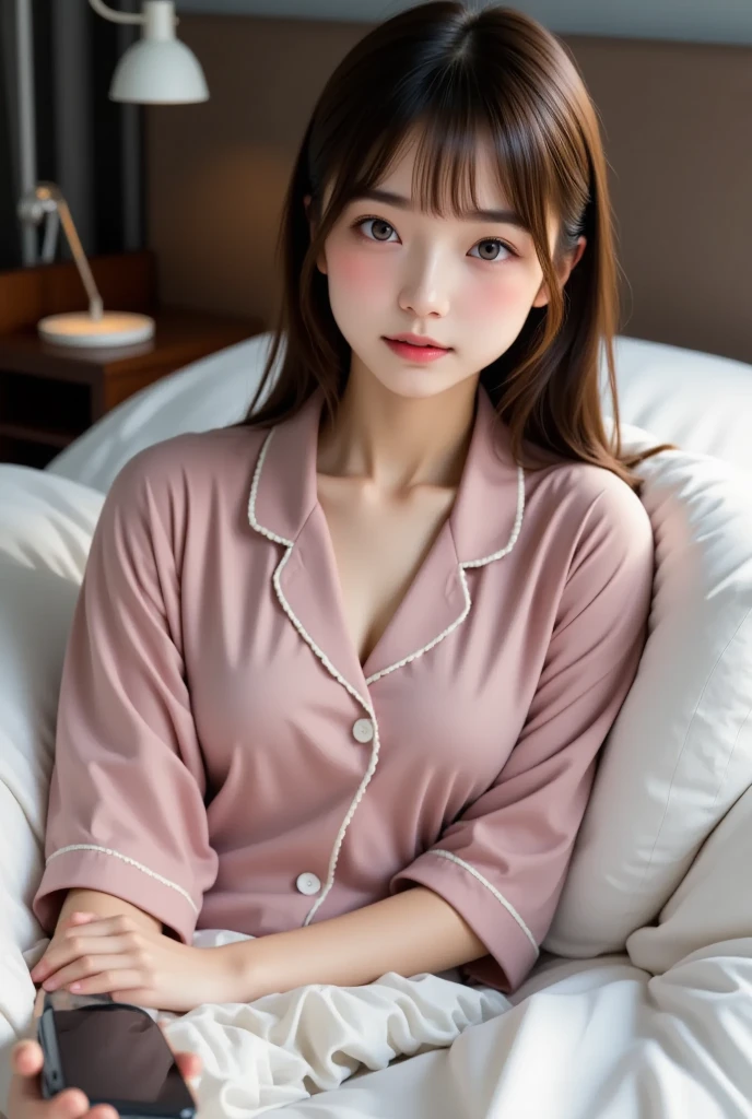 ((masterpiece: 1.3),8K, Realistic, RAW Photos, Highest quality: 1.4), (One Girl), beautiful顔, (Realistic Face), (Brown long hair: 1.3), head band、(((morning、morningの可愛いベッドルーム))),beautifulヘアスタイル, (bangs), (smile), smile, Realistic eyes, Gloss, highlight, highlight in the Eyes, eyelash, 目の中のbeautifulディテール, (Realistic Skin),、(((Pink pajamas)))、Shooting from the air、beautiful肌, Transparency、(beautiful)、 bust, smile, teeth, Confused, charm, 超High resolution, Ultra-realistic, High resolution, Golden Ratio, Clear eyes, Wet, Mole, Looking into the camera, ear, Shine, Long neck, double eyelid, Big eyes, cheek, kind character, charm personality, kind, Move, 圧倒的なcharm, bright personality