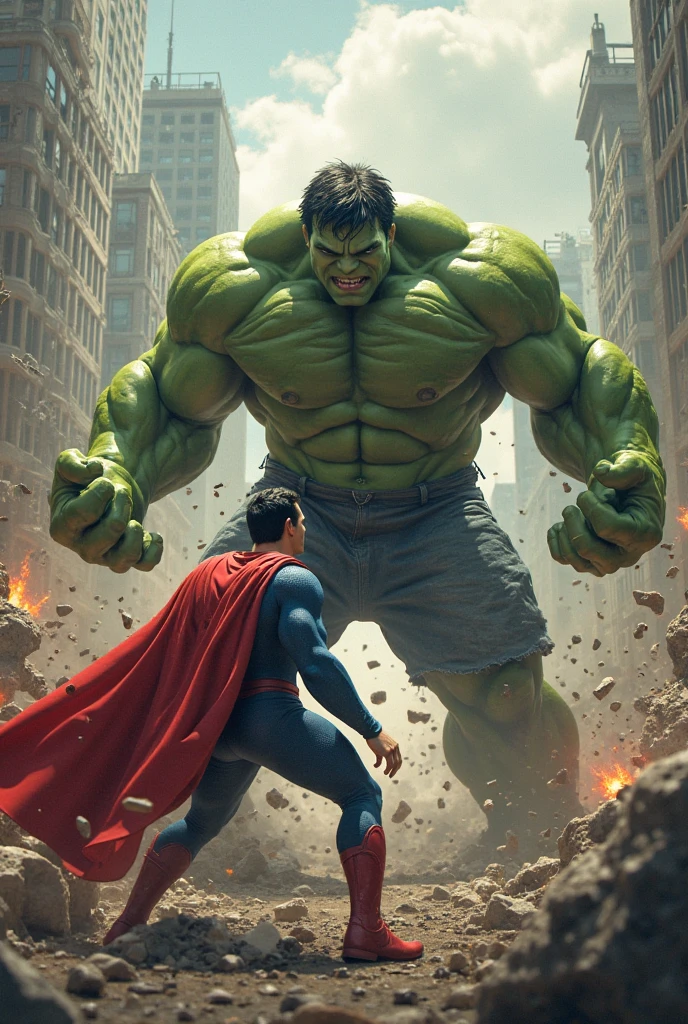 Hulk doing biceps exercise, com o batman ao lado gritando com ele