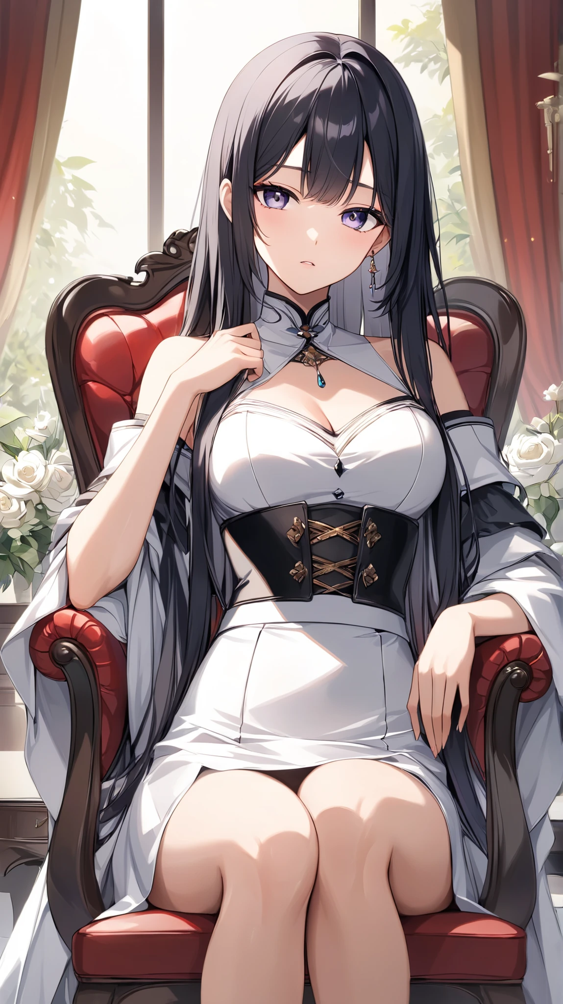 ((best quality)), ((masterpiece)), (detailed), perfect face, perfect detailed eyes, perfect detailed face, ultra-detailed nose, rich waist-length hair, silk dress, (fur coat, mink fur), red high heels, Moist eyes, Brilliance, Gorgeous women, high-class prostitutes, cowboy shot, Starry sky, Sitting on the couch