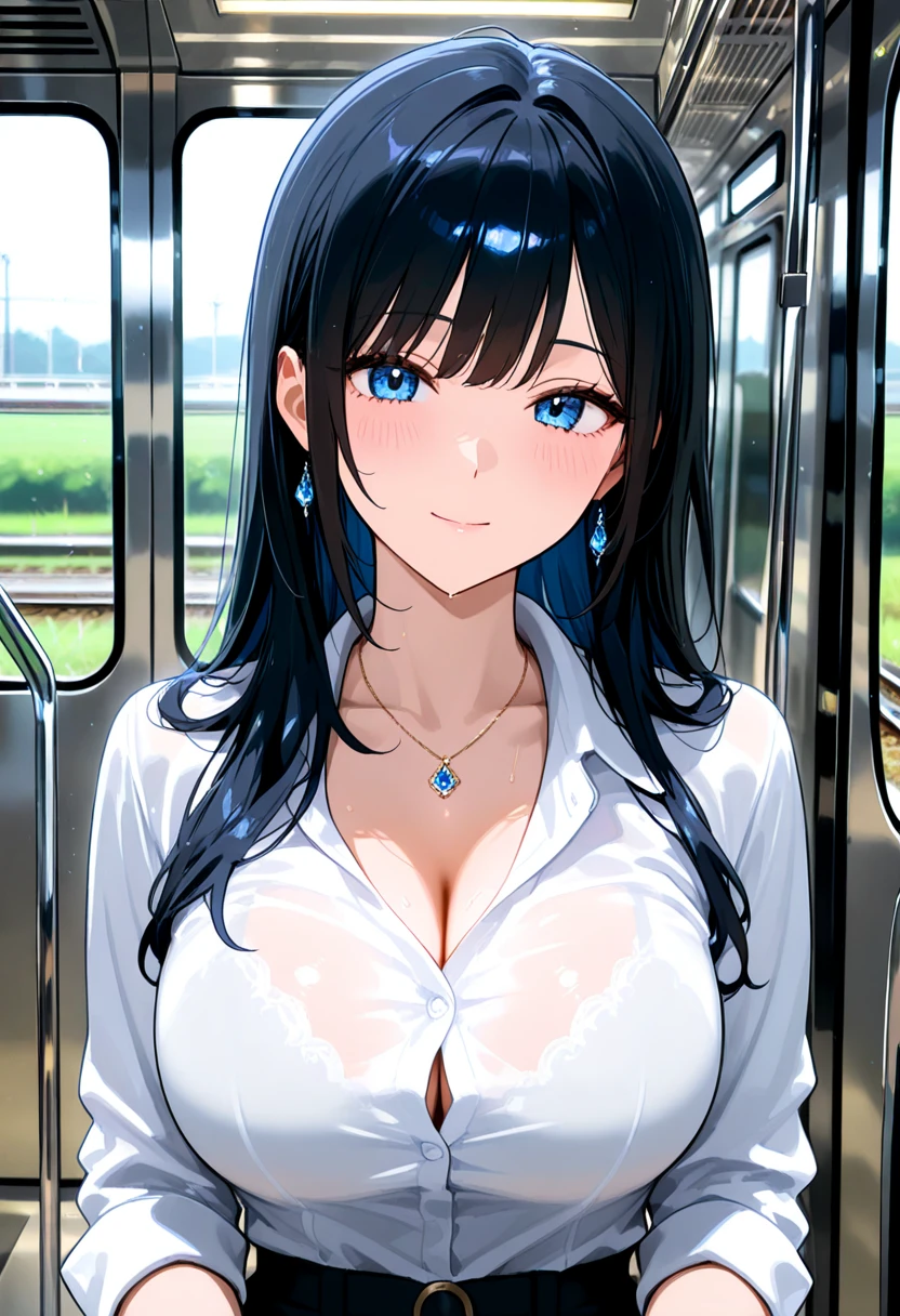 ((Highest quality)), ((High resolution)), ((masterpiece)), (detailed),
View your audience, Written boundary depth, Anatomically correct, 1Directly mature women, Perfect Face, Cute and symmetrical face, Shiny skin,
(Medium Hair, Blue Hair), Hair between the eyes, Chestnut brown eyes, Long eyelashes, (Big Breasts:0.9),
Beautiful Hair, Beautiful Face, Beautiful details, Beautiful clavicle, Beautiful body, Beautiful breasts, Beautiful thighs, Beautiful feet,
(one piece, See-through, Purple Bolero), See-through nipples, (Cute Smile), Beautiful views, I'm on the train,