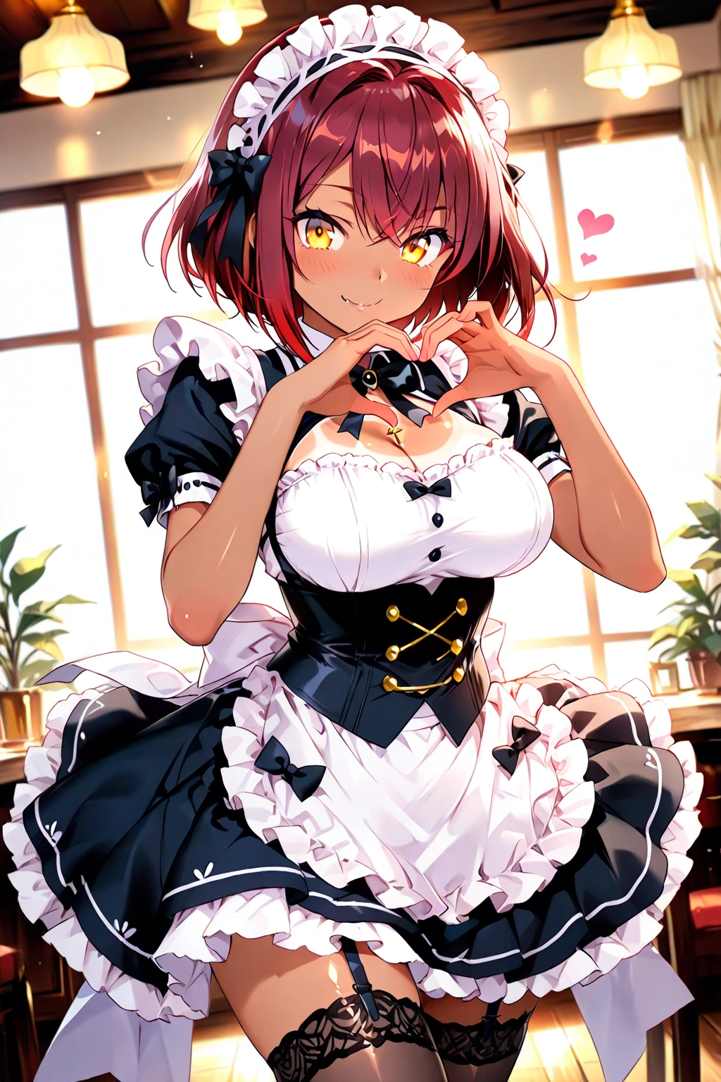 ｛masterpiece　Very detailed　aldult　超High resolution　High resolution　最high quality　Very detailedな　detailed woman　high quality　8k｝　Goddess Athena　One Woman　{Gal}　Light blonde hair　((Short Hair))　Short Hair　ponytail　Hair tied up high　Center part with bangs swept up　forehead　((slicked back hair))　Forehead　Red hair tips　Big eyes　((heterochromia,pink eye,sky blue eye))　((Maid clothes))　(((Cowboy Shot)))　()　Cleavage
