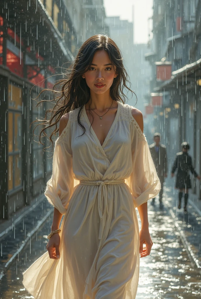 (((masterpiece))), (((Highest quality: 1.4))), ((Super detailed: 1.4)) ,
Woman in maxi dress, turn around, Detailed face, Beautiful Eyes, Walking without noticing the camera, In a city where heavy rain is falling, Wet with rain, Hips,