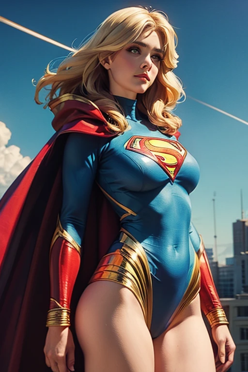 The actress Sidney Sweeney as the character Supergirl, extremely beautiful blue eyes, beautiful blond hair, incredible beautiful buttock, smooth curves, perfect smile, red cape, space monsters in the background