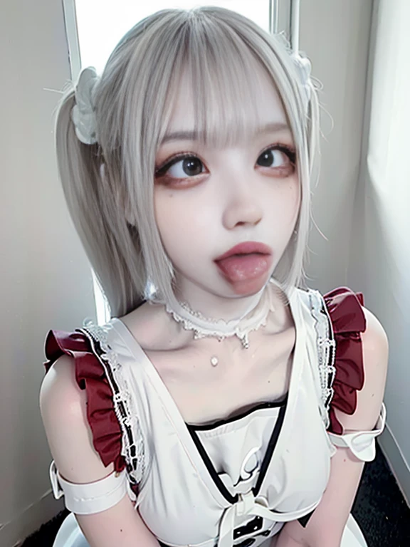 Sexy and firm super small breasts、Small breasts and exposed nipples、RAW Photos, 8K, (Highest quality), Realistic, (Live Action, Intricate details), (Natural skin texture, Detailed skin, Hyperrealism, Sharpness), (Japanese teenage girl standing in ruins), ((White Jirai Fashion:1.6)),Slender body, ((Gray Hair, Straight Long Hair, Blunt bangs)), ( Attractive face, Provocative look, Release your lips:1.3, ), thigh, Spot lighting:1.3, Cowboy Shot、