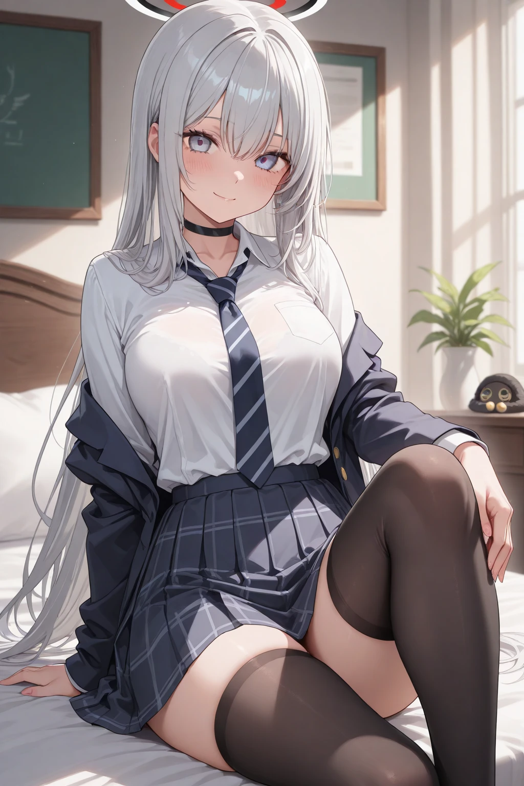 masterpiece, highest quality, Ultra-high resolution, Ultra-fine, 4K, 8k, highest quality, beautiful, Cute Woman, alone, (beautiful,Gray Hair, beautiful eyes, Long Hair, smile), Knee pillow,Bedroom,night,necklace, Earrings, accessories, bag, Great lighting,Excellent resolution,, Audio Notes,suit