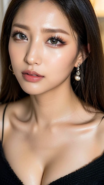 (masterpiece, best quality: 1.2), 1wavy hair secretary，Sexy eyes,Head close-up，Wet sexy lips，A lot of saliva ，earrings、(((no bra))),(((See-through))),(((no bra))),(((See-through))),