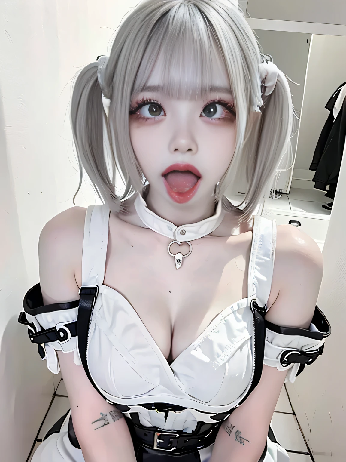 high quality, detailed,nurse girl,(very wet white nurse uniform,very wet uniform,skirt),(torn clothes:1.6),a mole under the eye,(bob hair,bob hair),(tounge out,lots of saliva),(blushing:1.4),smile,absurdres,orgasm,ecstasy,breasts,W-sitting,(wearing black overknee socks,torn overknee socks:1.5),the whole body,the whole body,she has a lot of earrings,on the bed,very dark atmosphere