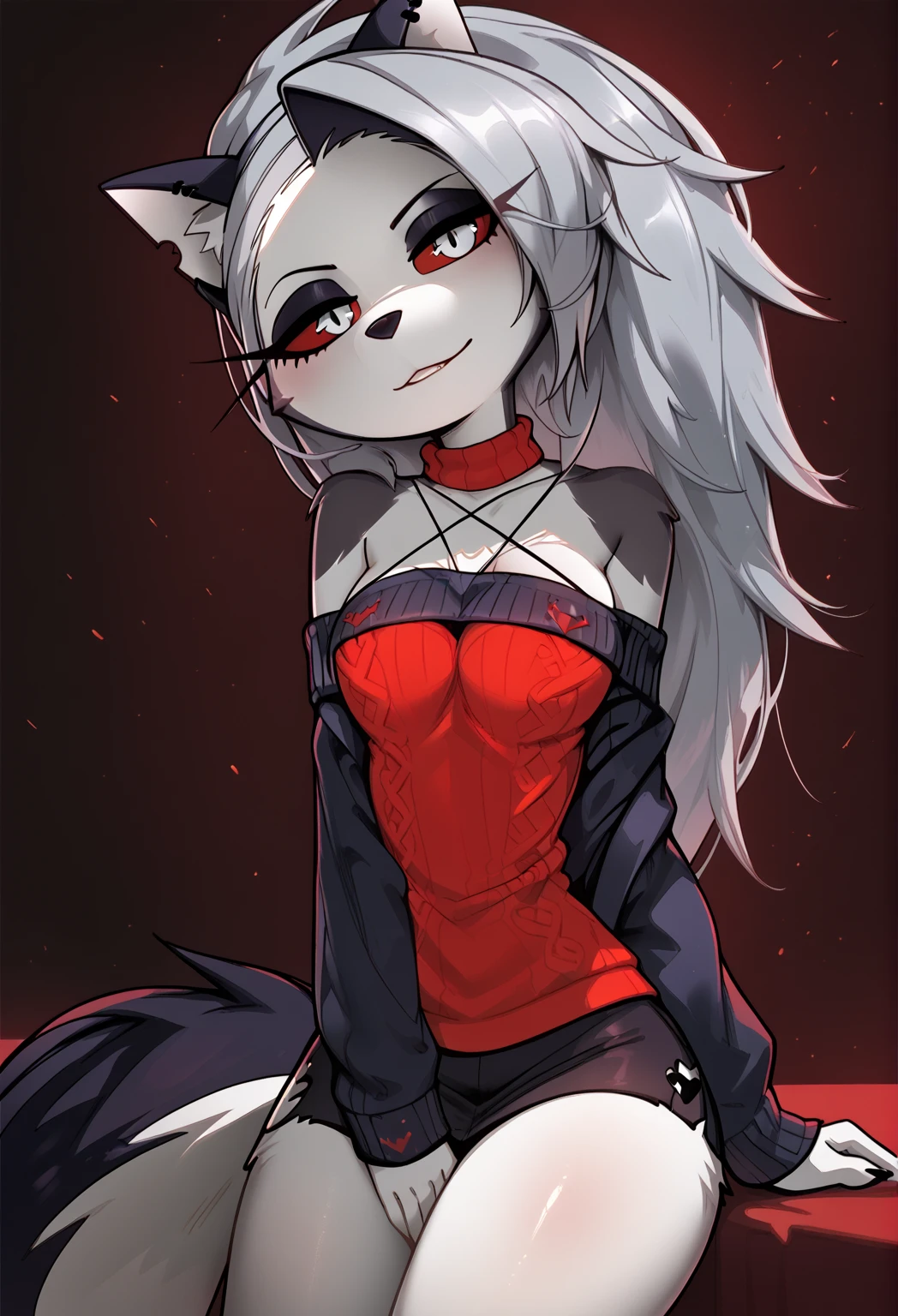masterpiece, best quality, face portrait of a female anthro loona hellhound, loonacroptop, detailed face, (detailed eyes, slit pupils, white pupils:1.2), (red sclera), smile, [spiked collar, pentagram], (looking at viewer), sexy naked
