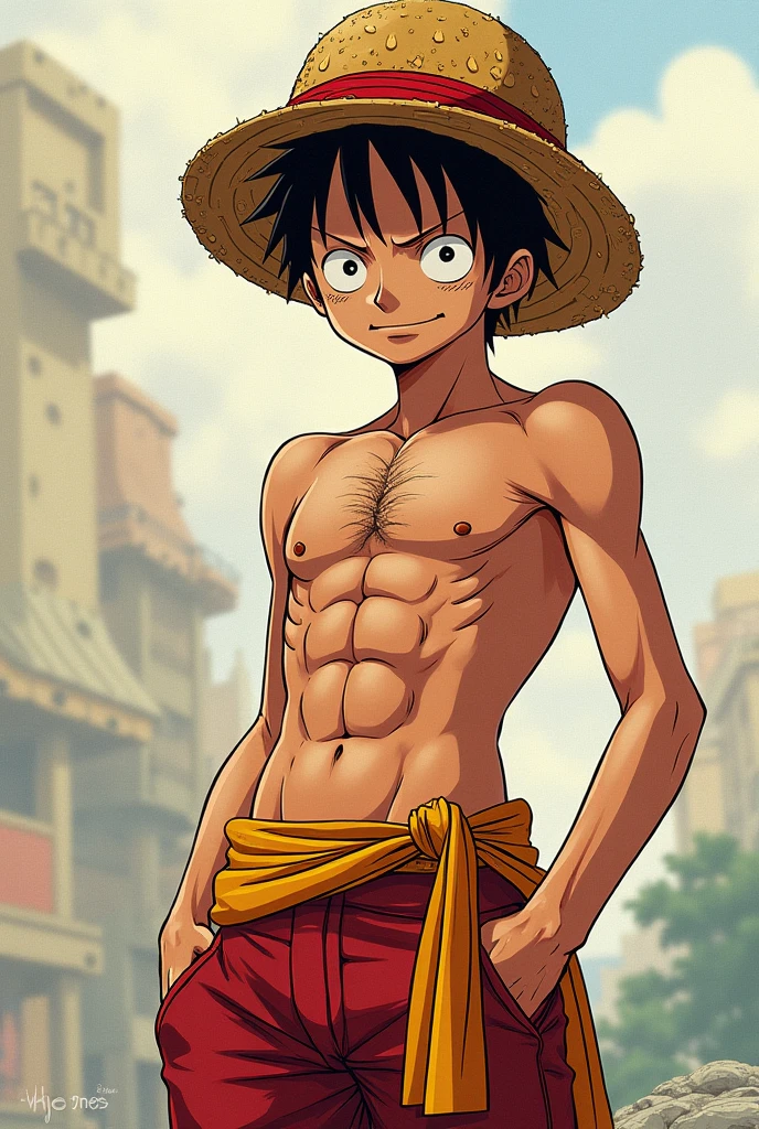 wanostyle, monkey_d_luffy wearing a straw hat and open red button up shirt, by greg rutkowski, by greg tocchini, by james gilleard, by joe fenton, by kaethe butcher, gradient pink, black, brown and light blue color scheme, grunge aesthetic ((graffiti tag wall background))