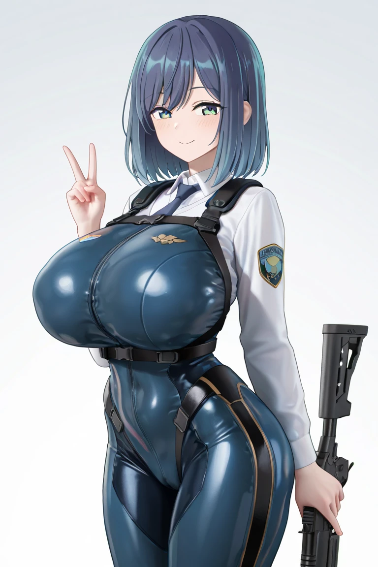realistic, masterpiece, highest quality, perfect anatomy, (fine eyes), female police officer, huge breasts, Sweat, outdoor, ((NSFW、navy blue sci-fi suit、navy blue protector)), yellow eyes、bob cut、police hat、black hair , ((blush))、(wide hips),smile、 closed one eye、wide ass、((((embarrassing)))), In town、((Hold a big assault rifle))