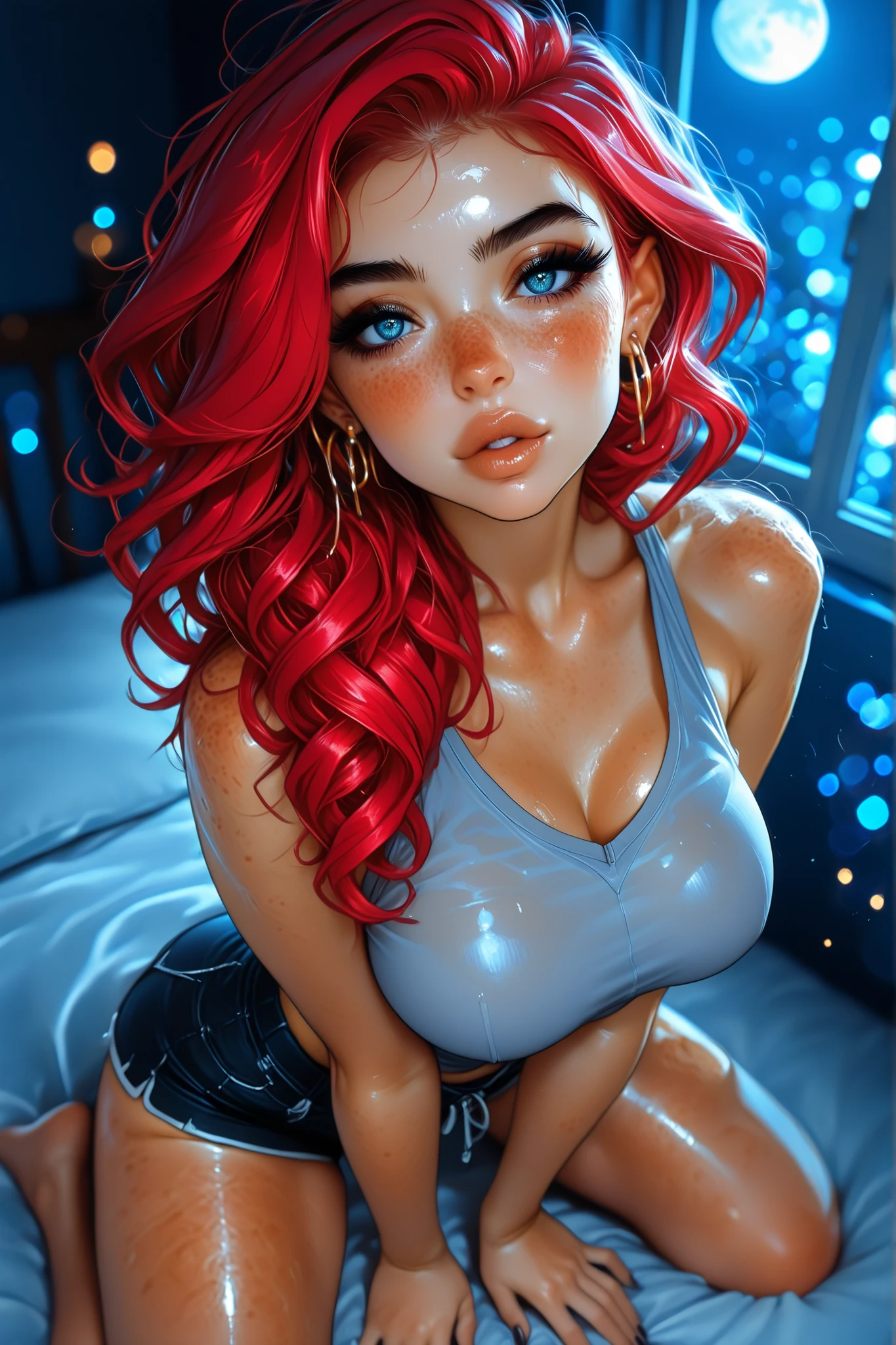 redhead, mature model, milf, middle aged, old, (high angle 1.2), looking at viewer, dynamic pose, masterpiece, best quality, high details, Ray tracing, hdr, hoop earings, volumetric lighting, bokeh, depth of field, glossy lips, score_9, score_8_up, score_7_up, upscale 2x, 1girl, Solo, blacknails, hands between legs pushing up breasts, nightime, moon in window, soft white blue light, kneeling on bed, sitting up straight, shiny lip gloss, heavy freckles, heavy eyeliner, shiny lips, tight tank top, tight short jean shorts,  long curly redhead, High Resolution, medium breasts
