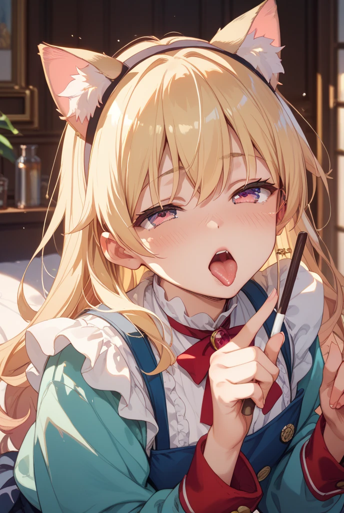 ((masterpiece, best quality)), high resolution,ultra detailed,8k,16k,detailed background, perfect lighting,detailed beautiful eyes, 1girl,solo,embarrassed,blush,show off nipple,steam,sweat,in heat,heavy breathing,saliva trail,look at viewer,(oral,screaming,show mouth:1.2),ahegao,face focus,(from above,from front:1.4),chin up,seductive eyes,fisheye lens,be breathless,stick tongue out,kneeling,slender,short stature,slender,pale skin,small breast,twin braids,medium hair, blond hair,pink eyes,momoi (blue archive),cat ears,white shirt