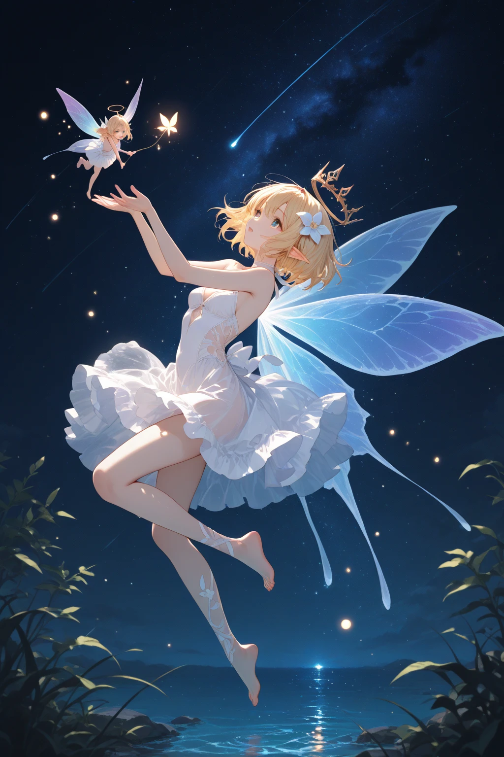 (Dynamic angle:1.4), face focus, detailed eyes, ((portrait:1.5), (light brown hair), bell, (colorful:1.2), (extremely detailed CG unity 16k wallpaper:1.1), (masterpiece:1.37), ((official art)), top quality, ((yaoyaornd)),(from behind, looking back, looking at viewer, bare shoulders, bare back, no clothes), flat chest, naked , beautiful, parted lips, (portrait), face focus, (ass:1.5), (white forest background), (loli, kids, petite, cute) , (fully nude), ((open back, bare shoulders)). The design of this armor is inspired by the unique and colorful brushstrokes and color use in Van Gogh's paintings. The entire mecha shell is covered with colorful, patchwork of floral textures, as if blooming the beauty of life in the extreme ice and snow. Each floral pattern shows a vibrant, poetic and picturesque artistic expression. In the mecha head, decorated with a huge and gorgeous night sky nebula pattern. The nebulae are layered on top of each other in rich and mysterious purple and dark blue tones, making people feel like they are in the middle of a vast universe. The arm is inlaid with crystal gems that shine and flow, as bright as stars. These crystals emit a soft but charming light, reflectin, chiaroscuro, cinematic lighting, chromatic aberration, sparkle, ray tracing, blending, Ultra-Wide Angle, f/1.8, Hasselblad, Sony FE GM, (masterpiece), (masterpiece), UHD