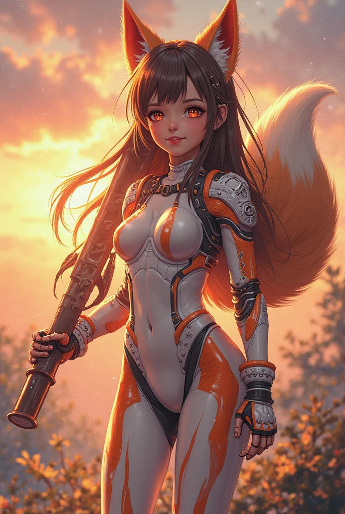 1girl,brown hair,midriff, robot joints, mechanical arms, robot, android,
animal ear fluff, animal ears, arms under breasts, brown hair, crossed arms, fox ears, full body, green eyes, looking at viewer, smile,solo, tail, <lora:nRadioWave:1>