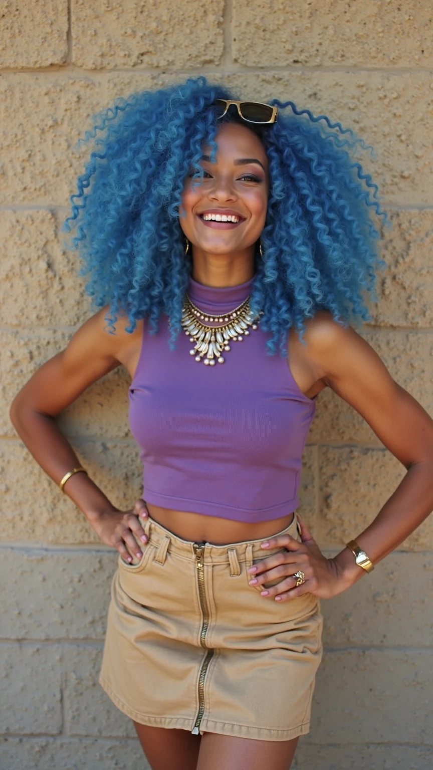Smiling Beautiful biracial woman, blue hair , blue light eyes , Play white piano, Gros seins, Boucles d'Oreilles, detailled face, detailled body