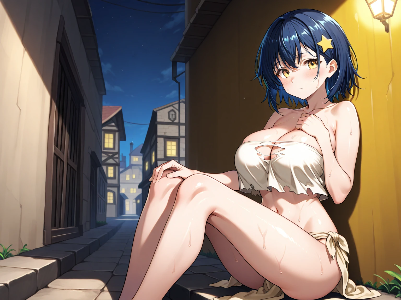 master part, high, high quality, detailed face, Detailed body, full body, nude body, Loli, 1girl, solo, hinata hyuuga, blue hair, short hair, white eyes, looking at the viewer, nude shoulders, large breasts, necklace, bracelet, hair ornament, standing, smile, blushes, sexy pose, night, hidden village
