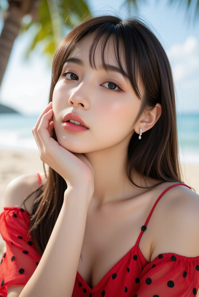 、flirtatious bikini、Small breasts、whole body、Amazing detailed digital art、sexy、Yellow Bikini、Tiny Bikini、Highest quality、Ultra-high resolution、Great beauty、Beautiful and delicate face、Highly detailed background、Extremely realistic skin、Small and bold、Brown eyes、cute、Detailed finger details、The slippery beautiful side、A clear aura、Ocean、Leg spread、