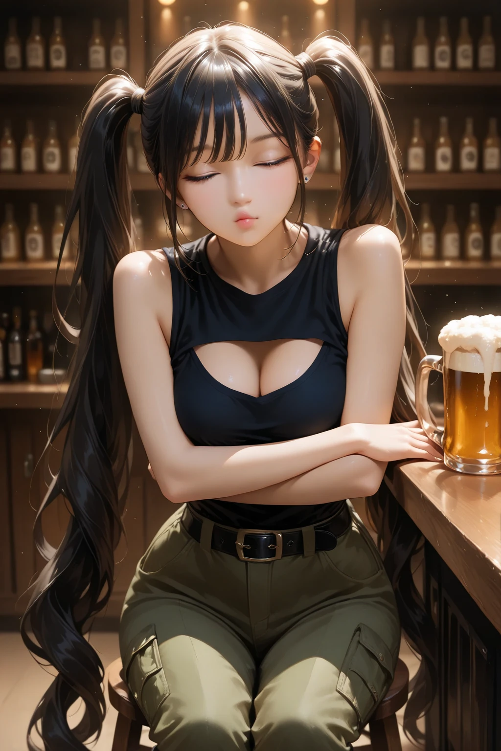 The dragon maid of the Kobayashi family,Rukoya,Plump big breasts and fleshy thighs,Squint,denim short。black tanktop, nipple slip