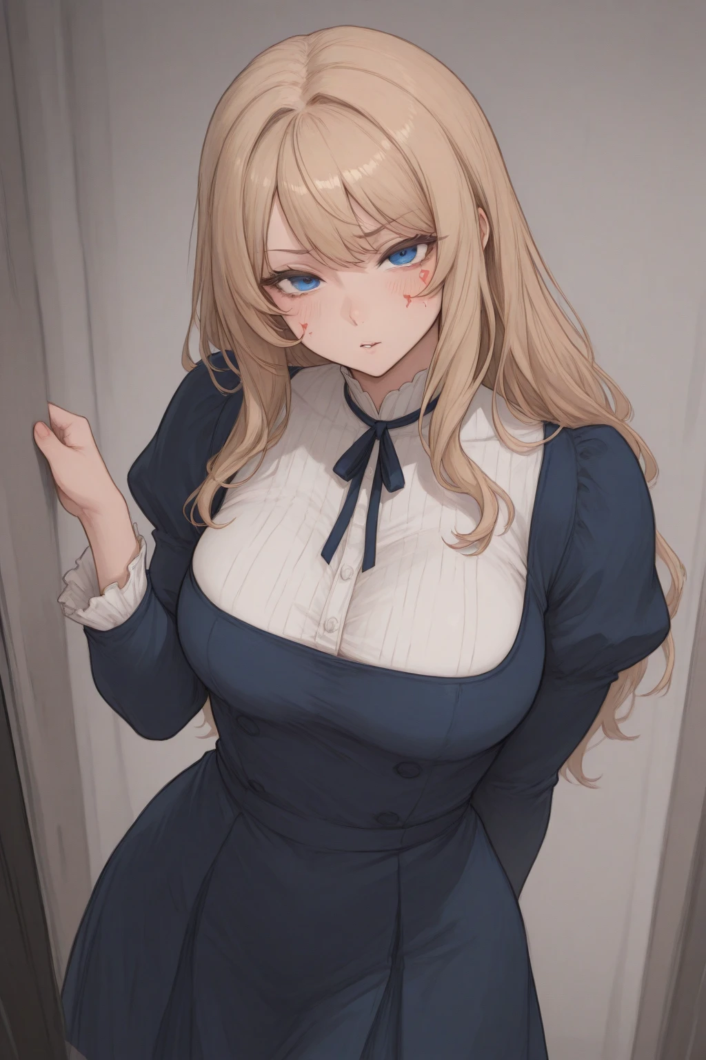 (high quality,Very detailed:1.37, High resolution), Woman, Serval Landau, very long dress, very tight dress, large breasts, (wetting herself:1.5), (standing:1.5), embarrassed, humiliation, (sweating:1.5), (blushing:1.5), Meticulous details, (extremely detailed eyes:1.37), (arms crossed:1.5)