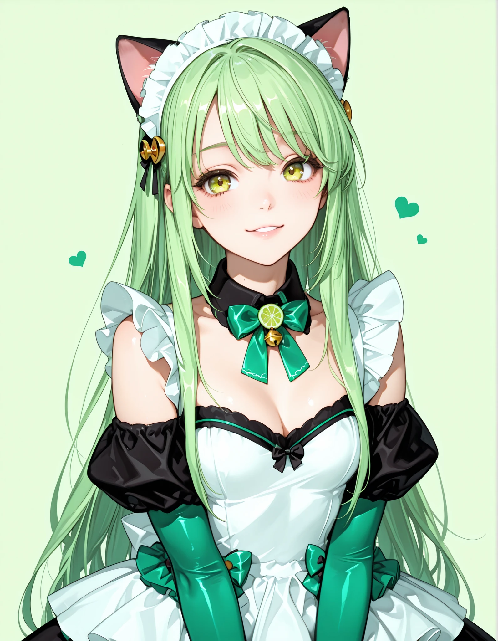 Cat Ear Maid,Mini maid dress with a color scheme like mint and chocolate, Lime Green Hair, Lime green bow tie,lime green long gloves,looking at me,tilt your neck slightly and smile