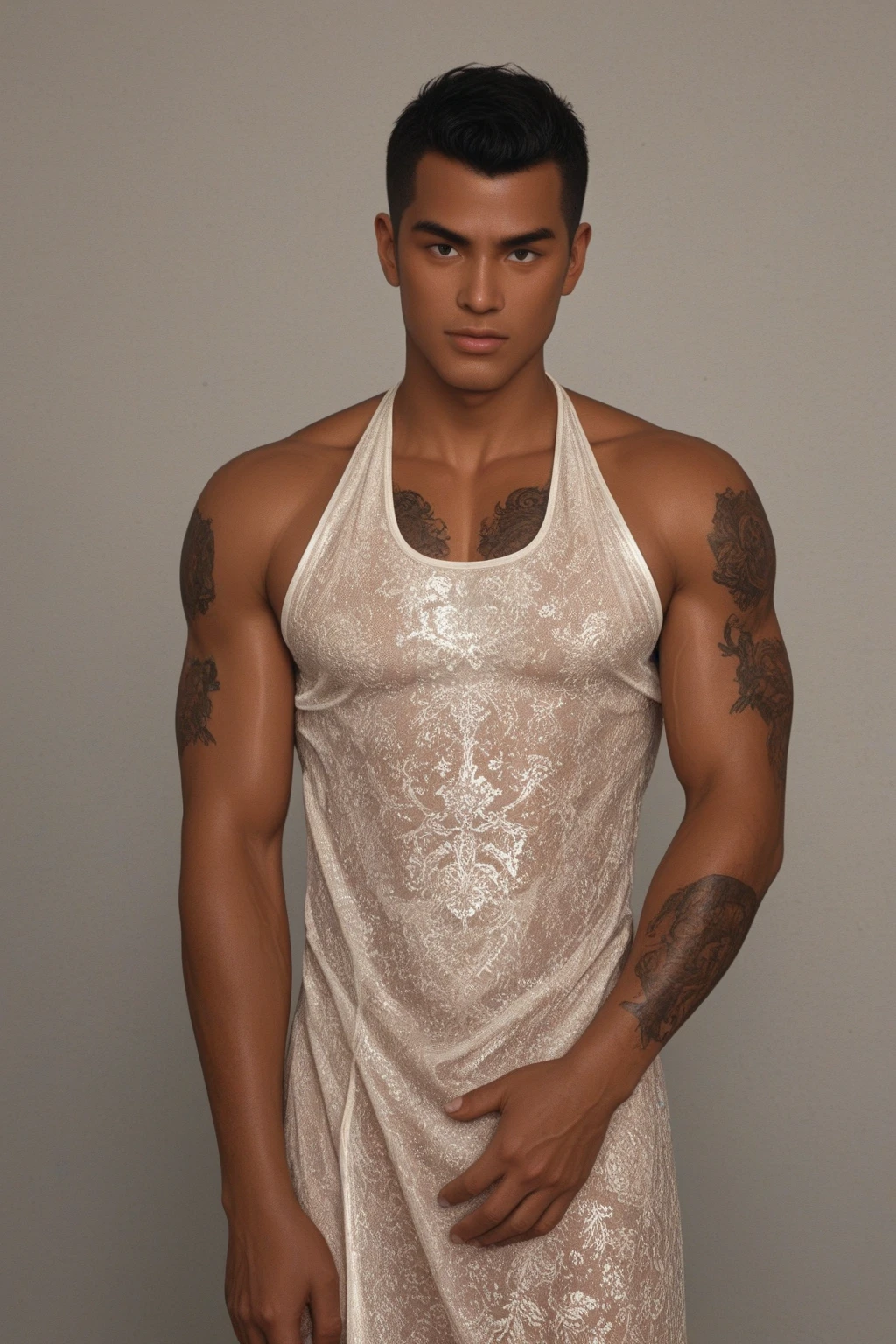  Hombre macho alto, muy moreno, malote, con una cicatriz en la cara, un ojo de cristal, strong and big muscles, sin pelo en todo su cuerpo, cresta punky rubia, nose piercing, tatuaje de huesos. Vestido con una chaqueta de rejilla blanca semitransparente, pantalones cortos camel muy ajustados, con pantalones de rejilla transparente, nalgas grandes y urgentes, Manos grandes con heridas.