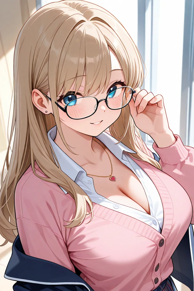 ((best quality)), ((masterpiece)), (detailed), perfect face, mature women, blonde ponytail hair, brown eyes, glasses, rosy red lips, plump, voluptuous body, very big breasts, Sexy pink lingerie with stockings , Crouching pose astride , horny smile, background bathroom