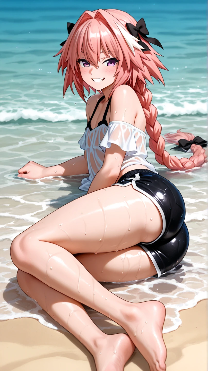 Long-haired anime girl sitting on the beach，Wear red stockings, Anime manga girl,Silent，Anime barbie wearing white bikini, Silent，surreal school girl, surreal school girl, smooth anime cg art, Anime girl squats, Silent，Squatting anime beauty, A white bikini，Detailed pubic hair.Silent，Silent，gag、Spreader            _port、skin indentation、BDSM，yoke:1.21),
