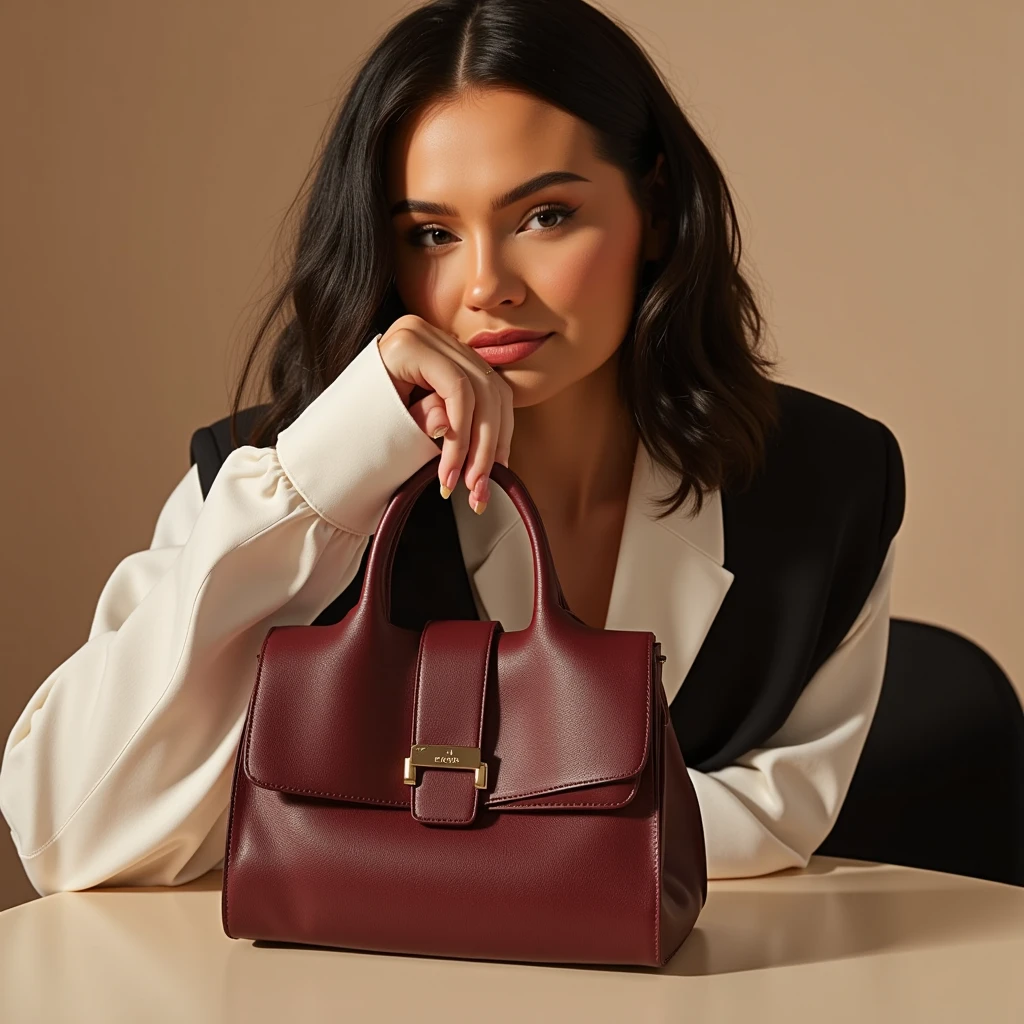 A luxury handbag on a round table in a cocktail bar 
